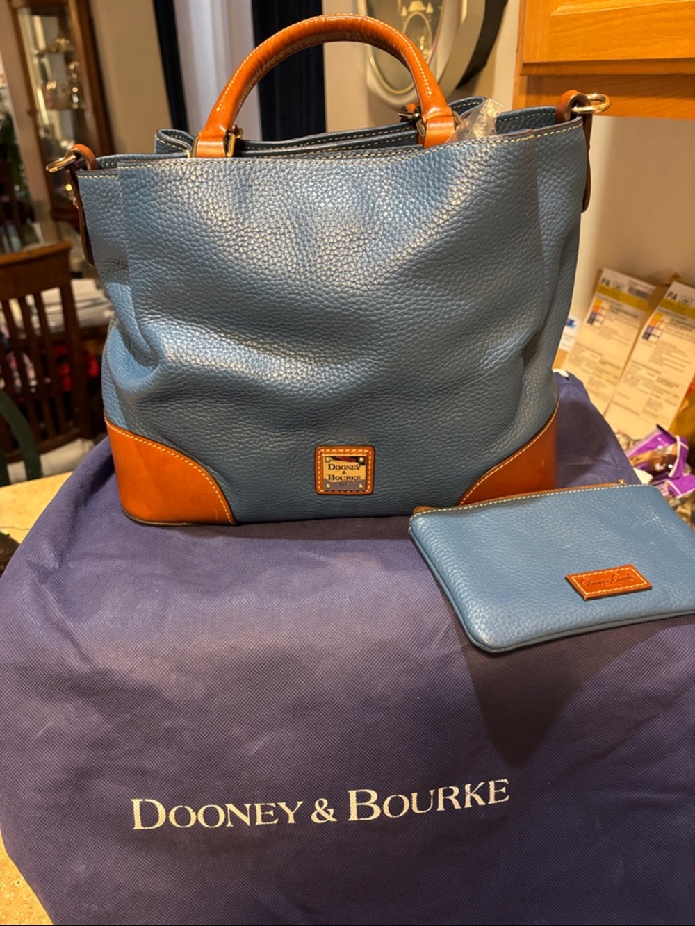 Dooney & Bourke Blue Leather Shoulder Bag with Tan Leather Trim and Wristlet